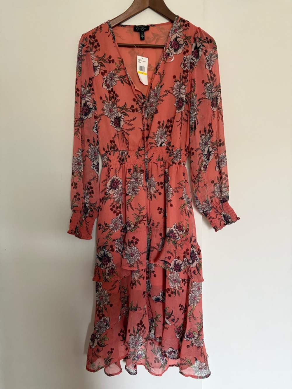 Jessica Simpson Coral Floral Tiered Long-Sleeve Dress